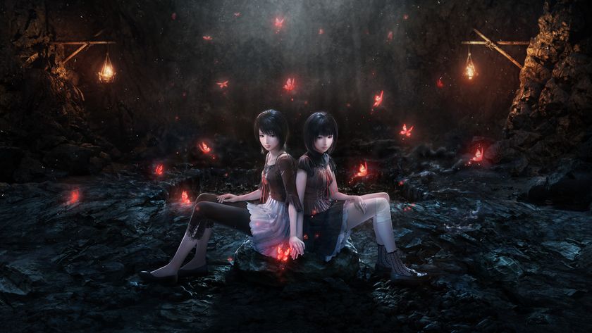 The Fatal Frame 2: Crimson Butterfly Remake key art with the two central characters sat in a dark forest surrounded by glowing butterflies.