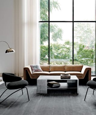 living room with dark gray rug