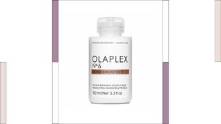 A wide white pot of Olaplex No.6 Bond Smoother with a white label, with colored columns on either side