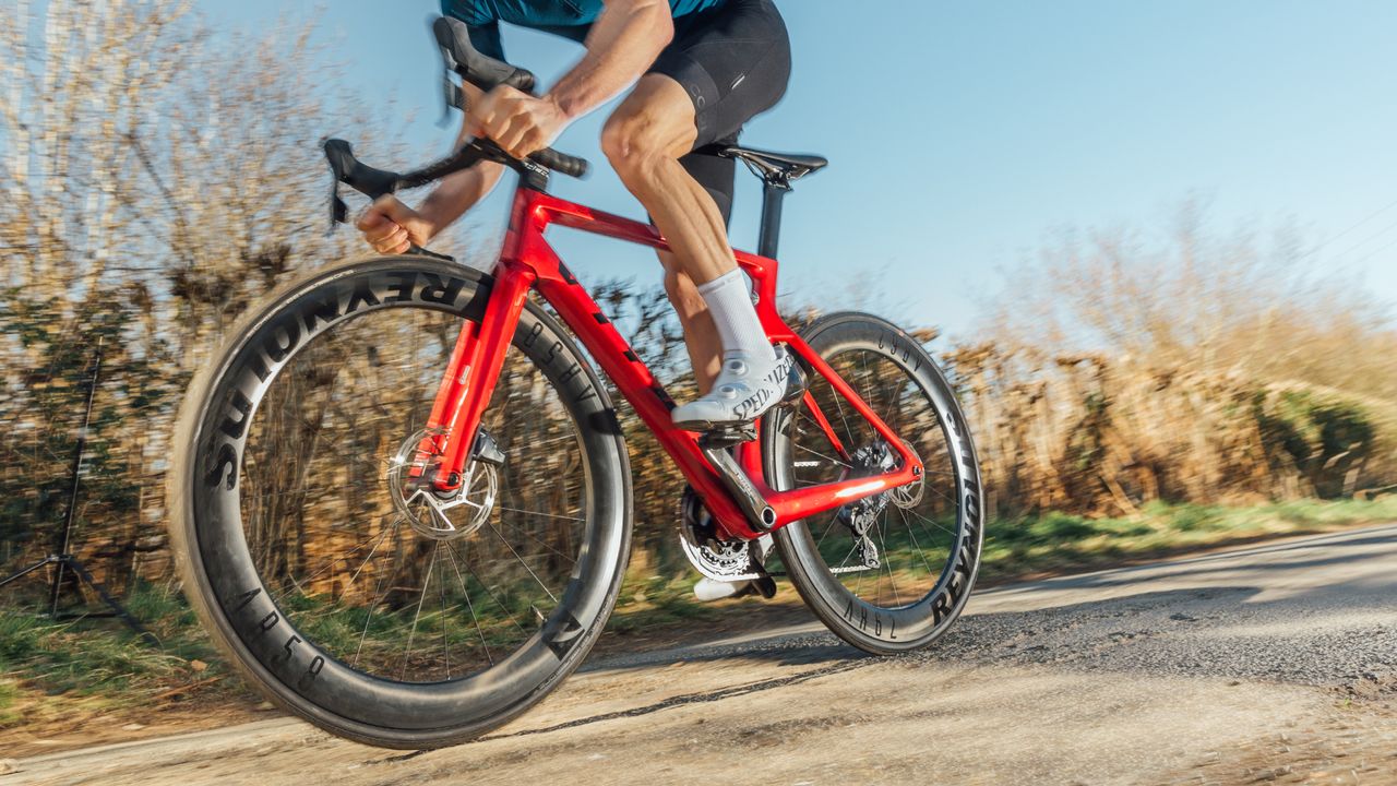 One of the best aero bikes being ridden by a male cyclist on a country lane in Sussex