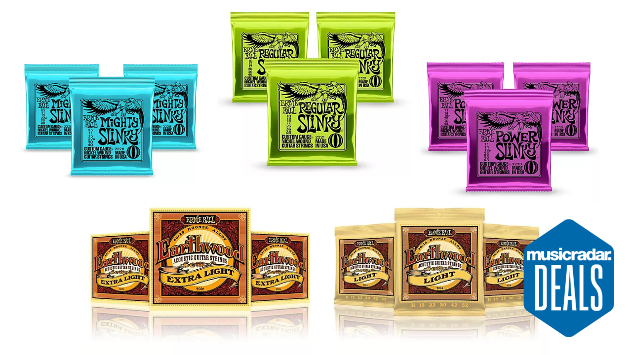 Group shot of multiple Ernie Ball guitar string packs