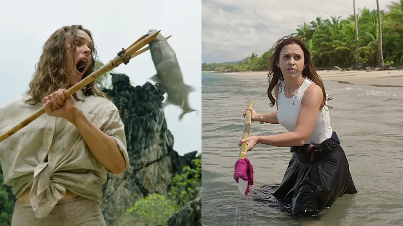 Rachel McAdams as Laura in Send Help and Lacey Chabert as Sophia in Lost in Paradise are shown spear-fishing with hand-crafted spears.
