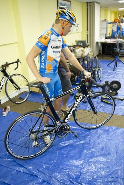 Tom Danielson gets ready for the ride on his new Cervelo
