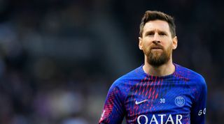 Lionel Messi of PSG warms up prior to the Ligue 1 match between Angers and PSG at the Stade Raymond Kopa on April 21, 2023 in Angers, France.