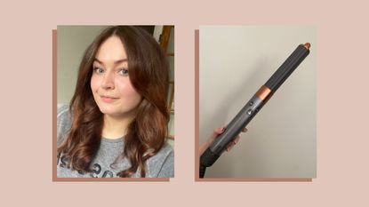 Collage of two images showing Lucy with Airwrap curls and the Dyson Airwrap with its curling barrel showcasing how to make Dyson Airwrap curls last