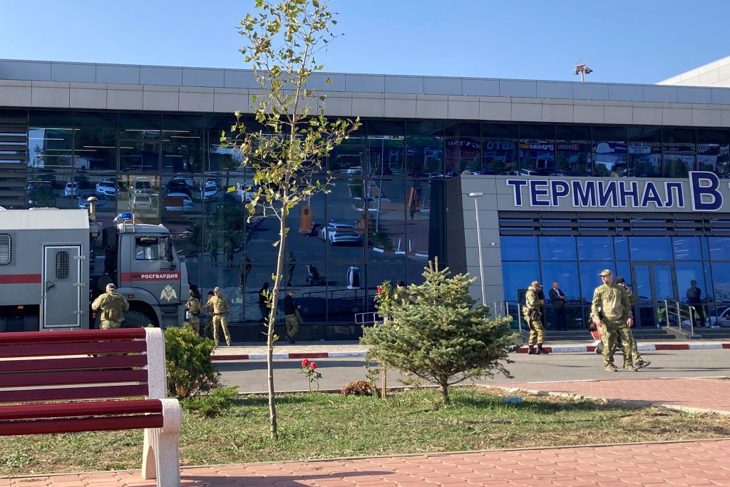 Security forces patrol airport in Makhachkala, Dagestan