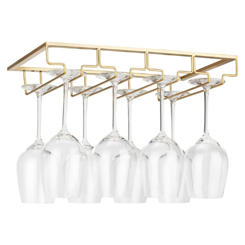 Fomansh Wine Glass Rack Under Cabinet - Stemware Holder Metal Wine Glass Organizer Glasses Storage Hanger for Bar Kitchen Gold 4 Rows