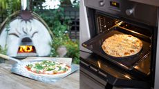 A split panel image demonstratingpizza oven vs regular oven; a pizza on a peel in the foreground with a pizza oven out of focus in the back; a pizza cooked in a domestic oven. The oven door is open 