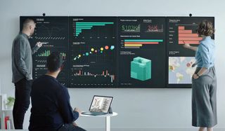 Up to four Surface Hub 2s can be mounted together operating in unison or independetly.