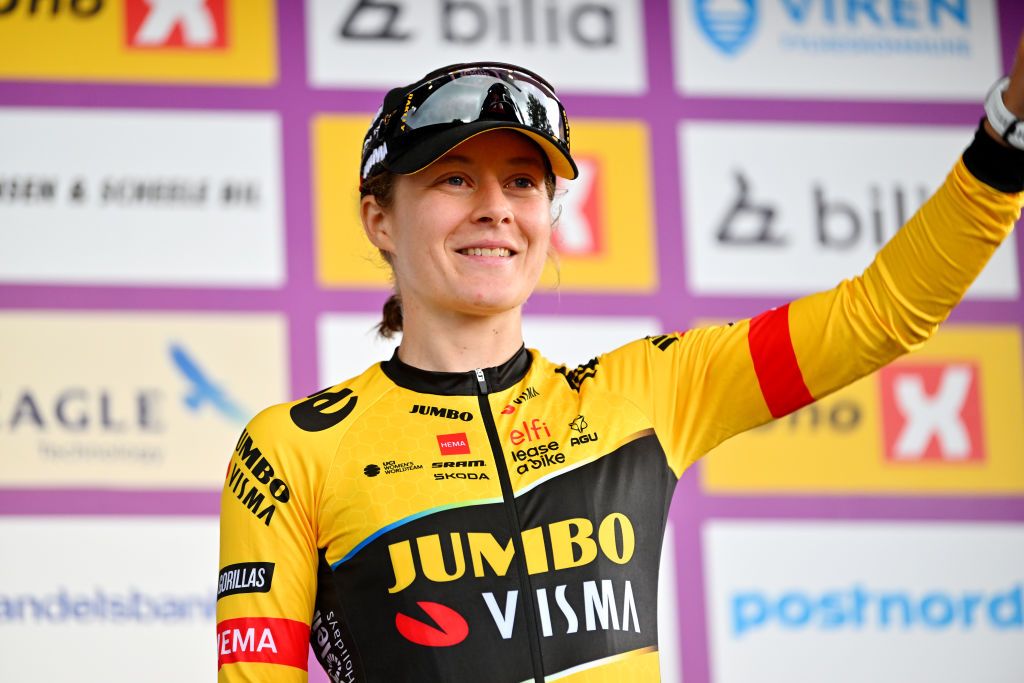 HADERSLEV DENMARK AUGUST 27 Amber Kraak of The Netherlands and Team JumboVisma celebrates at podium as third place winner during the 9th Tour of Scandinavia 2023 Battle Of The North Stage 5 a 1439km stage from Middelfart to Haderslev UCIWWT on August 27 2023 in Haderslev Denmark Photo by Luc ClaessenGetty Images