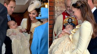 Two photos of Kate Middleton and Prince George at his christening