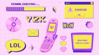 Y2K pink pastel aesthetic with flip phones and old computer popups