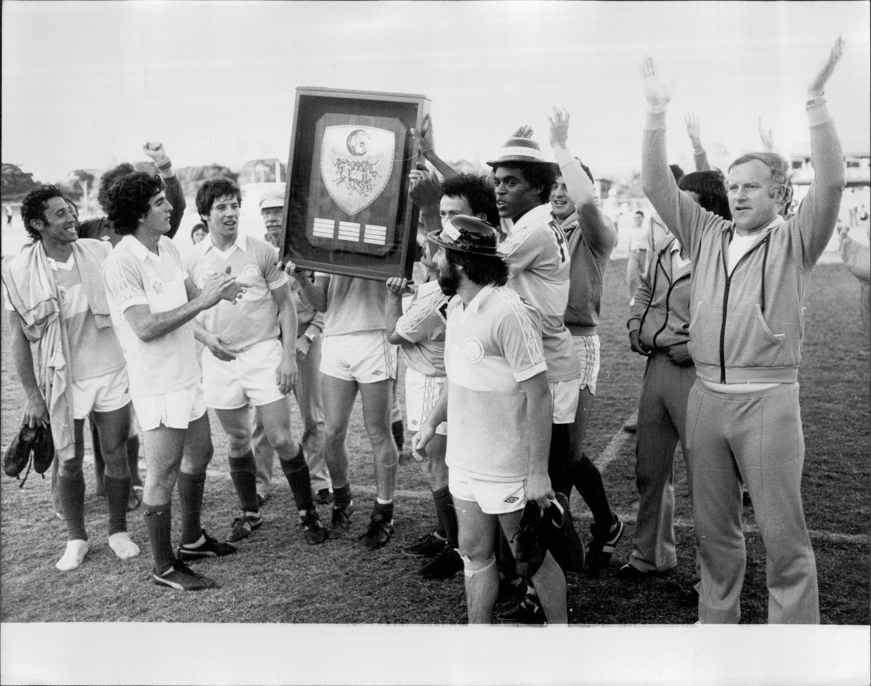 Maccabi Hakoah Sydney City East, then known as Sydney City, celebrate after winning the 1980 National Soccer League title – their third