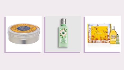 Three L'Occitane products currently on sale that will also hopefully feature in the L'Occitane Black Friday sale 2022 on a purple background