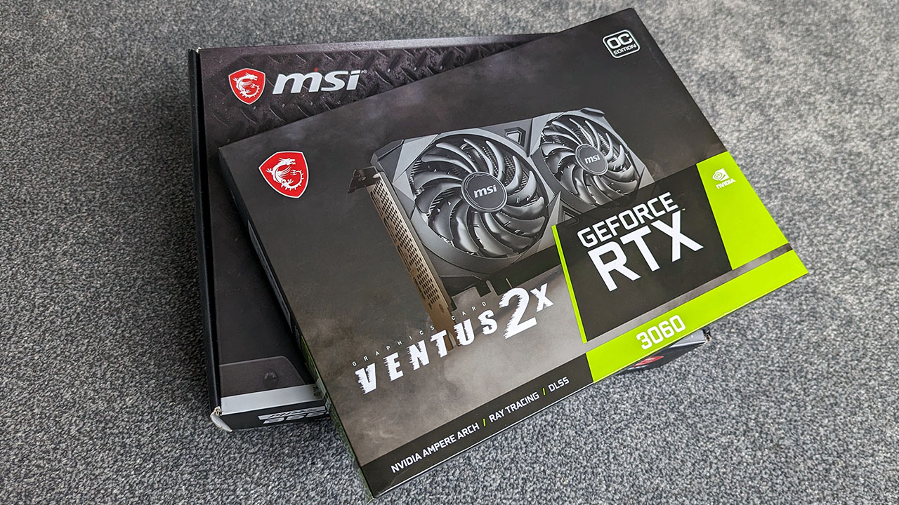 MSI RTX 3060 Ventus 2X-Grafikkarte und MSI-Motherboard-Boxen