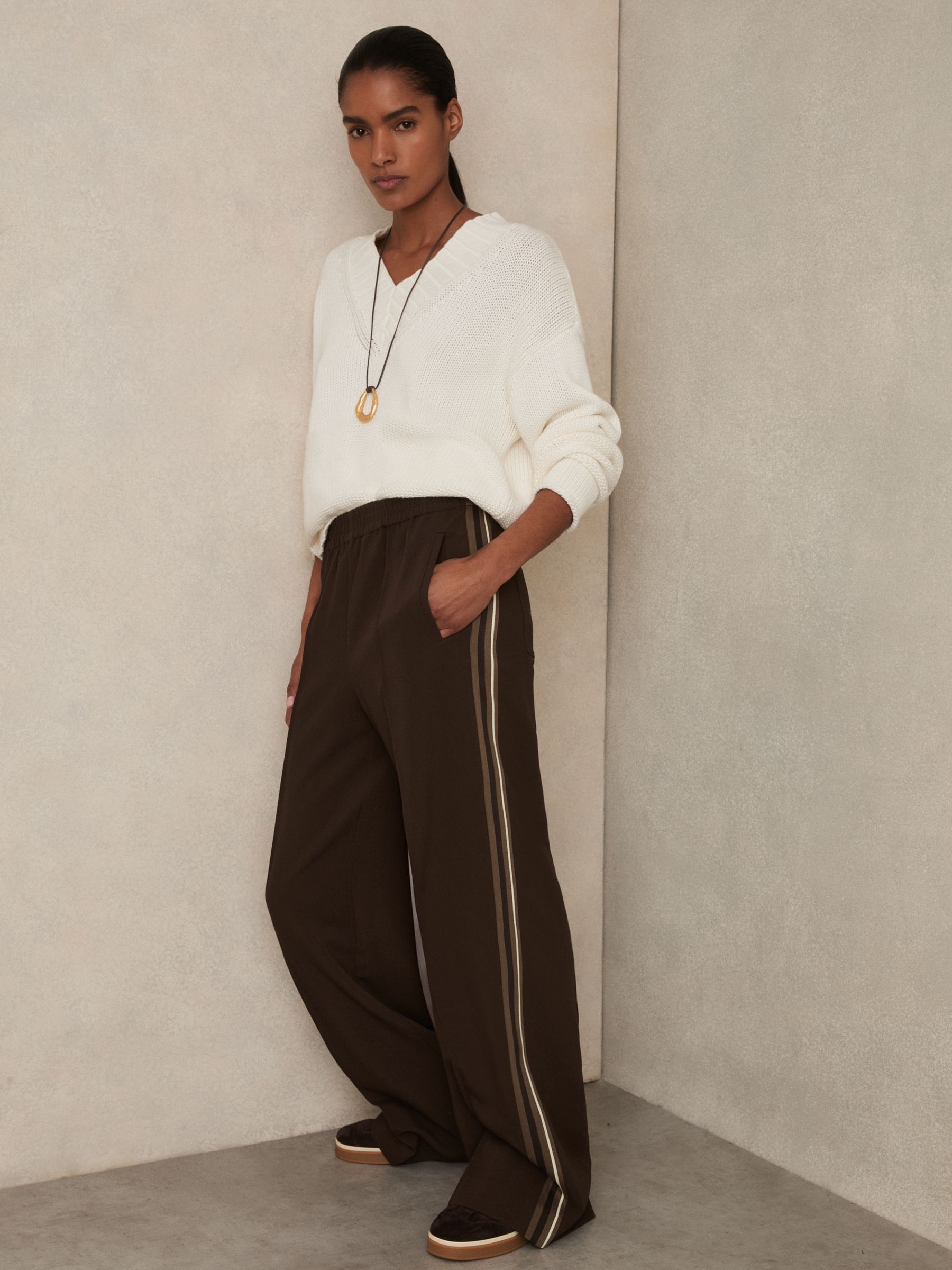 Side-Stripe Wide-Leg Trousers in Chocolate Brown