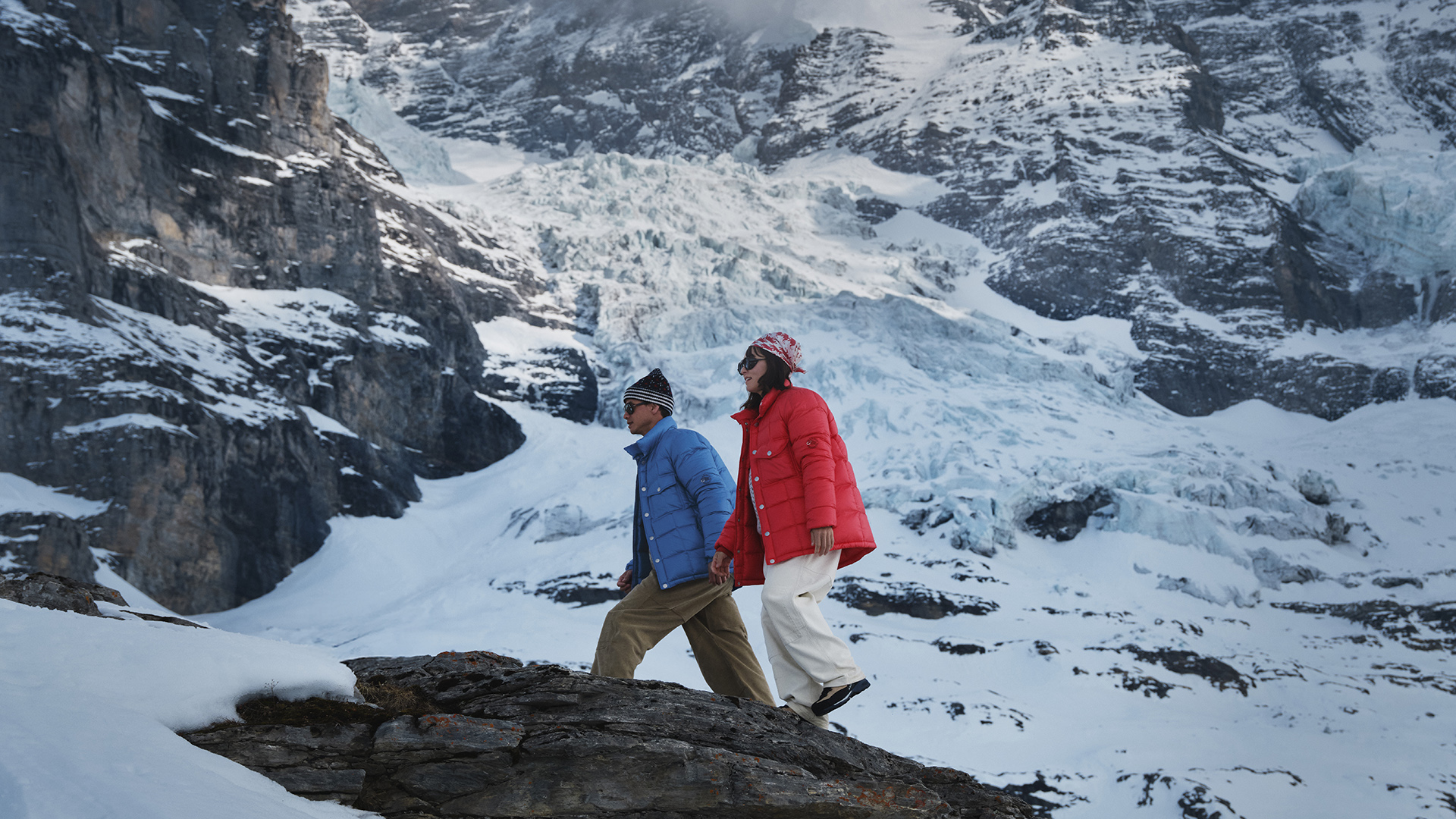 Alpinist wearing Mammut&#039;s Nigel Cabourn collaboration jackets and gear in the mountains