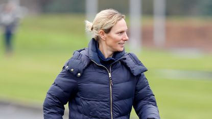 Zara Tindall, wearing a blue puffer coat, arrives to take part in the final leg of the Cycle4Caroline Endurance Charity Cycle Challenge on November 30, 2024