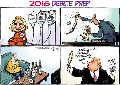 Political cartoon U.S. election 2016 Hillary Clinton Donald Trump debate preparations