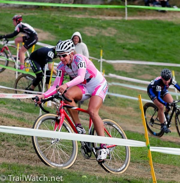 Meredith Miller (California Giant Berry) leading through some tricky off-camber turns.