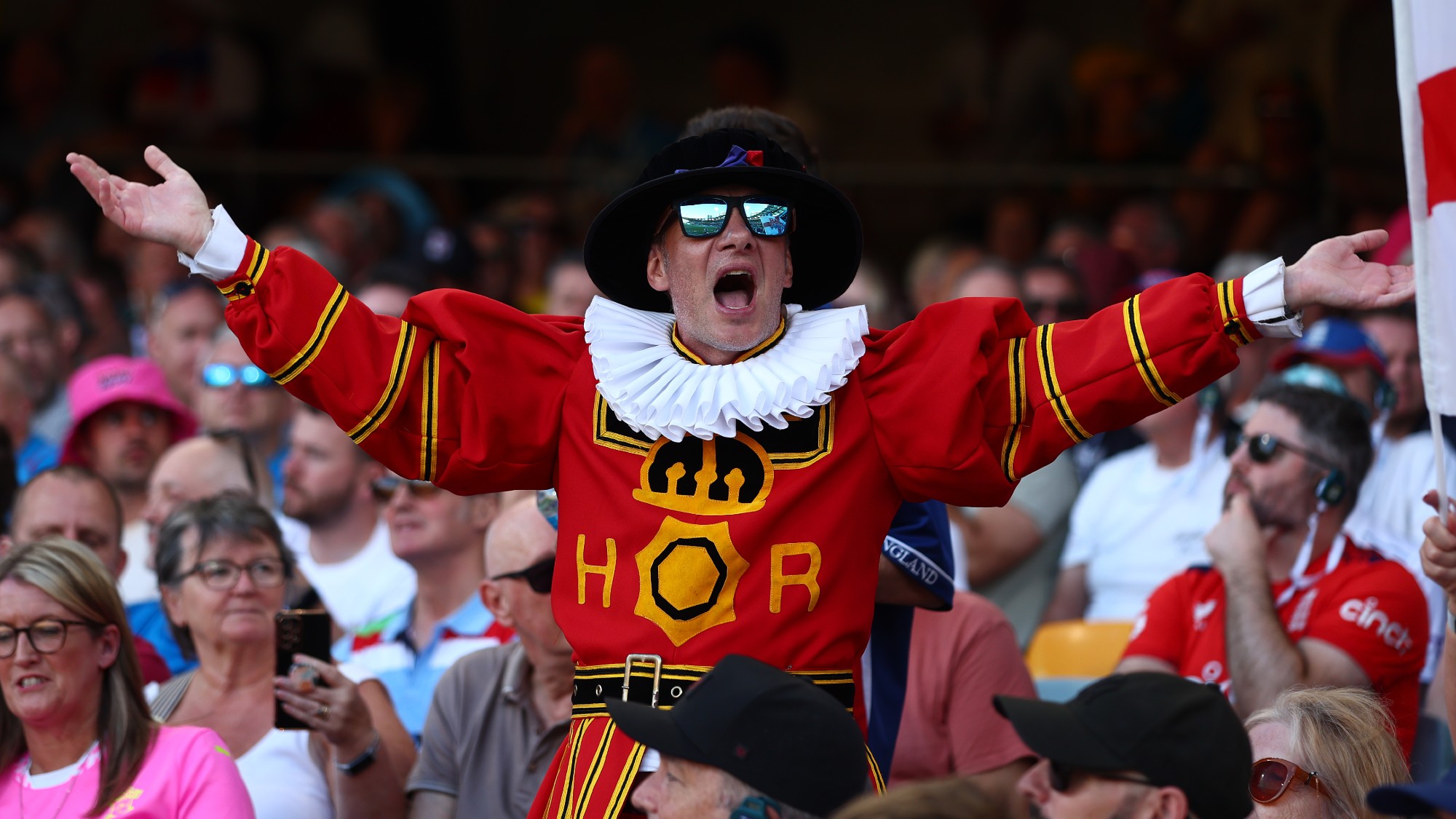 An England fan in a Beefeater costume in the stands during the second Ashes series Test match between Australia and England at The Gabba, Brisbane