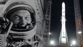 a spacesuited astronaut gives thumbs up while a white rocket is lit by spotlights on its launch pad