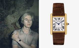 Portrait of Warhol wearing a Cartier watch