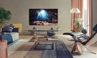 The Samsung QN95A Neo QLED TV pictured in a bright living room