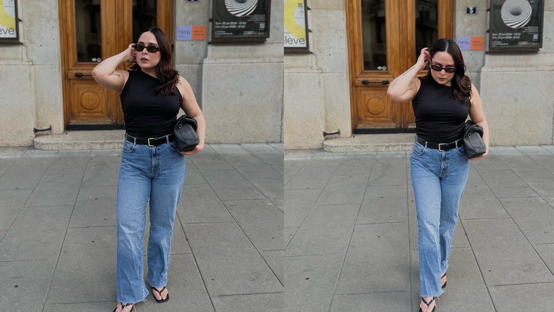 indi wears black tank, jeans, and black thong sandals while posing with a handbag