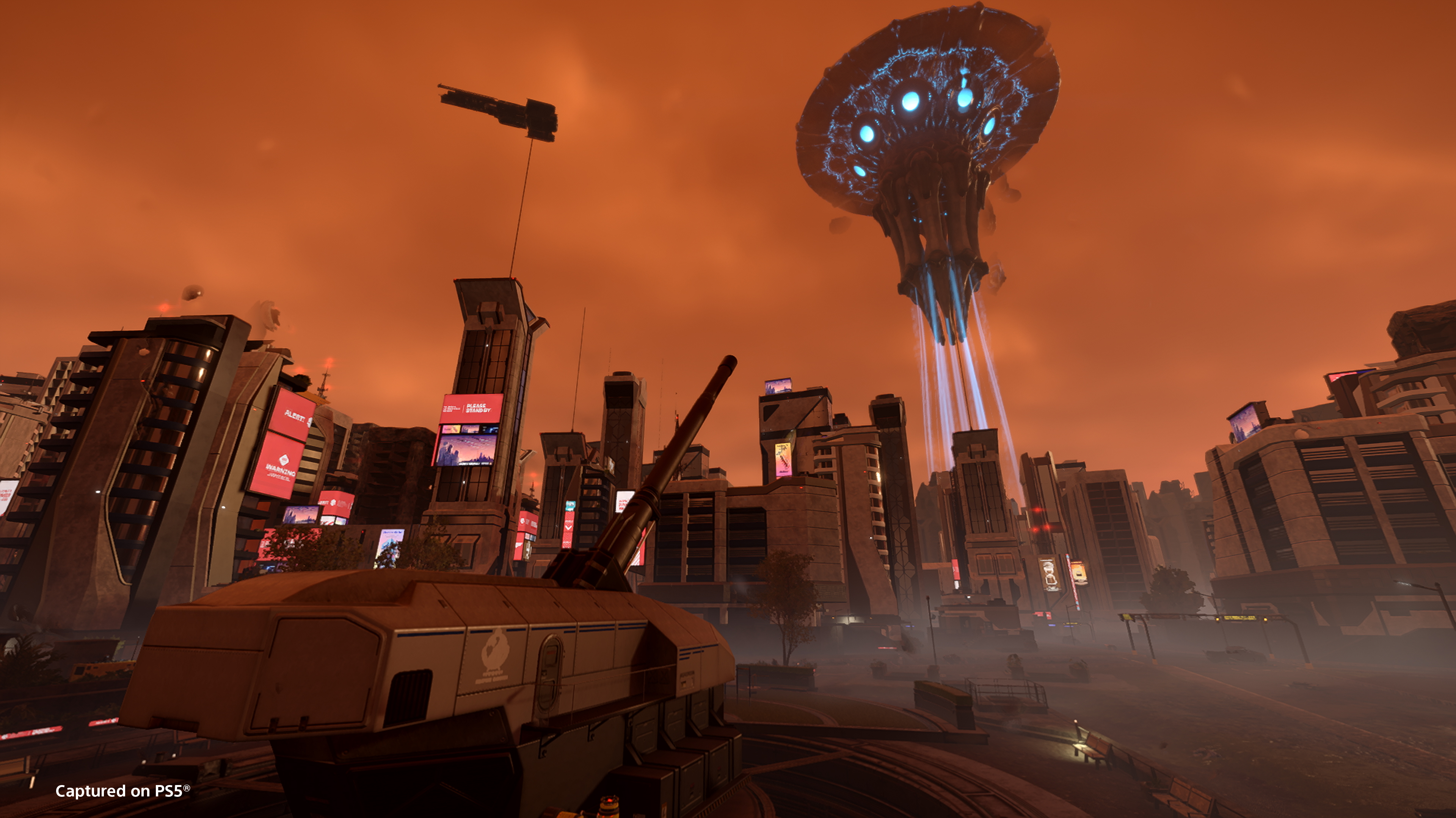 Super Earth defenders fighting Illuminate forces across a war-torn city in Helldivers 2
