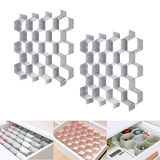 Gray Honeycomb Separatoron a white background and three thumbnails below showing them in drawers.