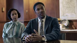 Millie Capellan and Kelvin Harrison Jr. as Jo Ann Robinson and Martin Luther King Jr. at a meeting table in Genius: MLK/X