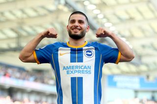 Deniz Undav of Brighton & Hove Albion celebrates after scoring their sides sixth goal during the Premier League match between Brighton & Hove Albion and Wolverhampton Wanderers at American Express Community Stadium on April 29, 2023 in Brighton, England.