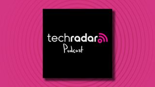 The TechRadar Podcast title card on a pink background with radar logo