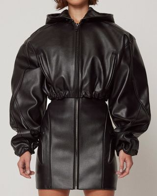 Faux Leather Cropped Hooded Jacket | Black