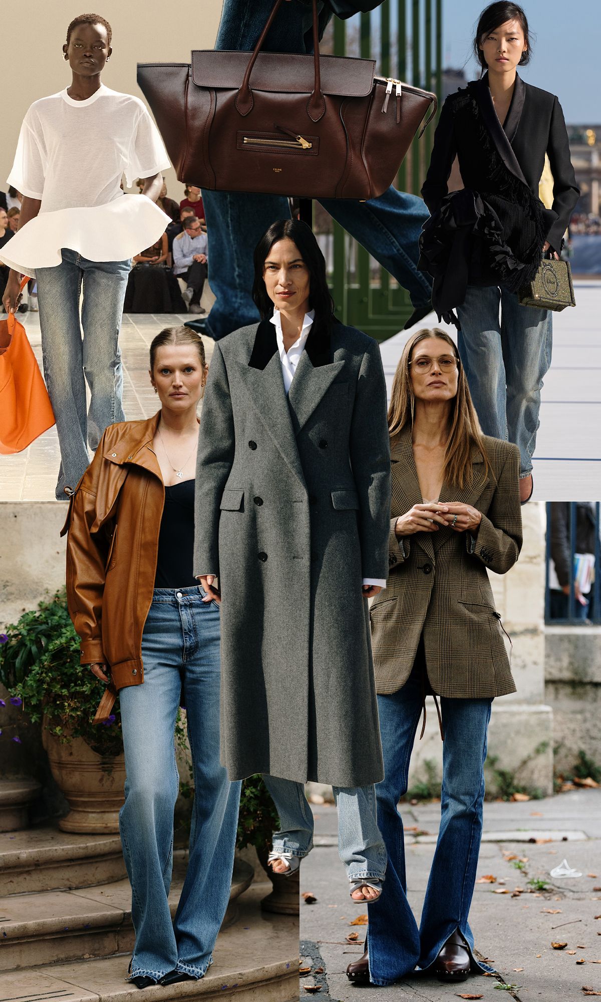 A selection of extreme long-legged jeans on the autumn/winter 2026 runway, via street style and on Alexa Chung