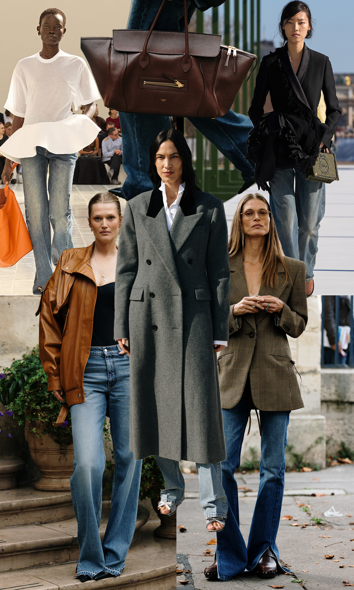 A selection of extreme long-legged jeans on the autumn/winter 2026 runway, via street style and on Alexa Chung