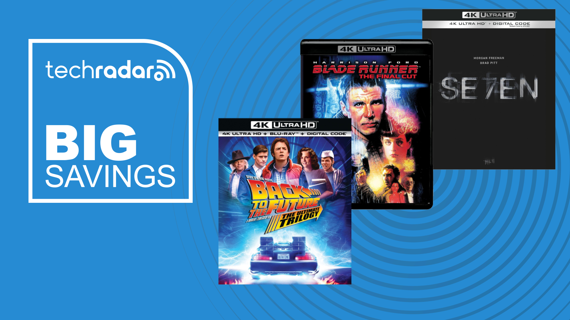 4K Blu-ray deals image with Back To The Future, Blade Runner and Se7en on blue background 