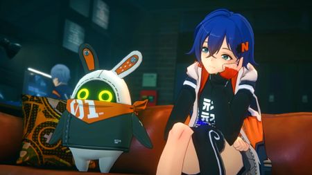 Zenless Zone Zero release trailer screenshot showing a young girl with short bright blue hair sitting on a couch beside a rabbit-like robot