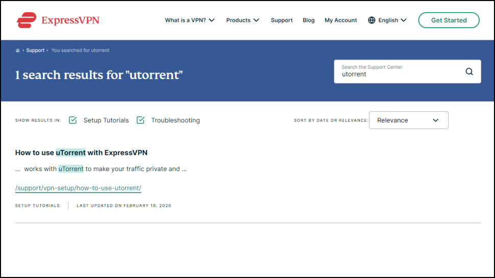 Screenshot of ExpressVPN's single article on torrenting, 'How to use uTorrent with ExpressVPN'