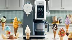 A Ninja® CREAMi® Scoop & Swirl on a kitchen counter surrounded by swirled ice cream in cones.