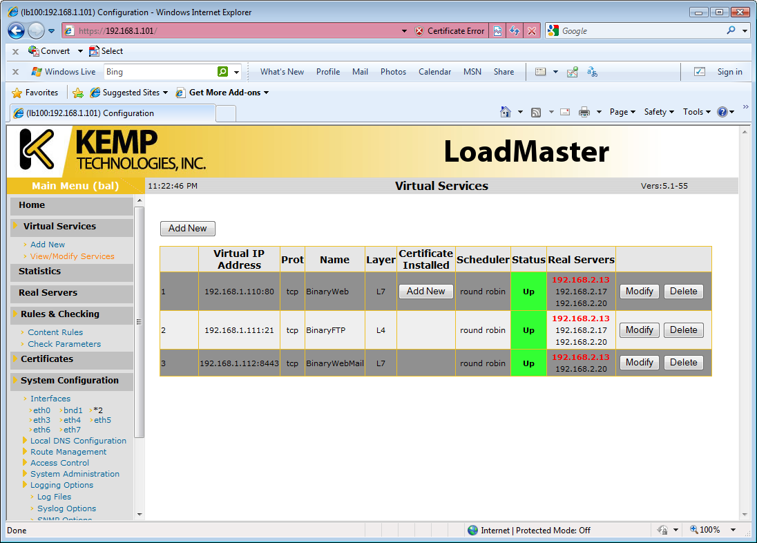 Virtual servers comprise multiple real servers and you can see at a glance what their status is.