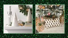 Christmas decor including a marble tree and nutcracker and a tree pillow under an actual Christmas tree on a glittery green background