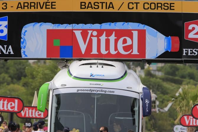 One of the more memorable moments of the Tour de France, when the Orica-GreenEDGE bus got stuck under the finishing gantry on Stage 1