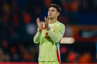 Arsenal target Martin Zubimendi of Spain thanks the fans during the UEFA Nations League quarterfinal leg one match between Netherlands and Spain at De Kuip on March 20, 2025 in Rotterdam, Netherlands.
