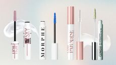 Collage of four of the best lash primers featured in this guide from (left to right) Maybelline, Morphe, L'Oreal Paris and Clinique, set in front of two product swatches against a pastel blue, pink and cream ombre effect background 