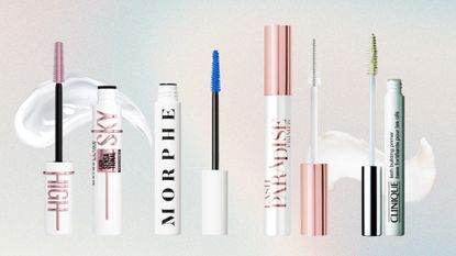 Collage of four of the best lash primers featured in this guide from (left to right) Maybelline, Morphe, L'Oreal Paris and Clinique, set in front of two product swatches against a pastel blue, pink and cream ombre effect background