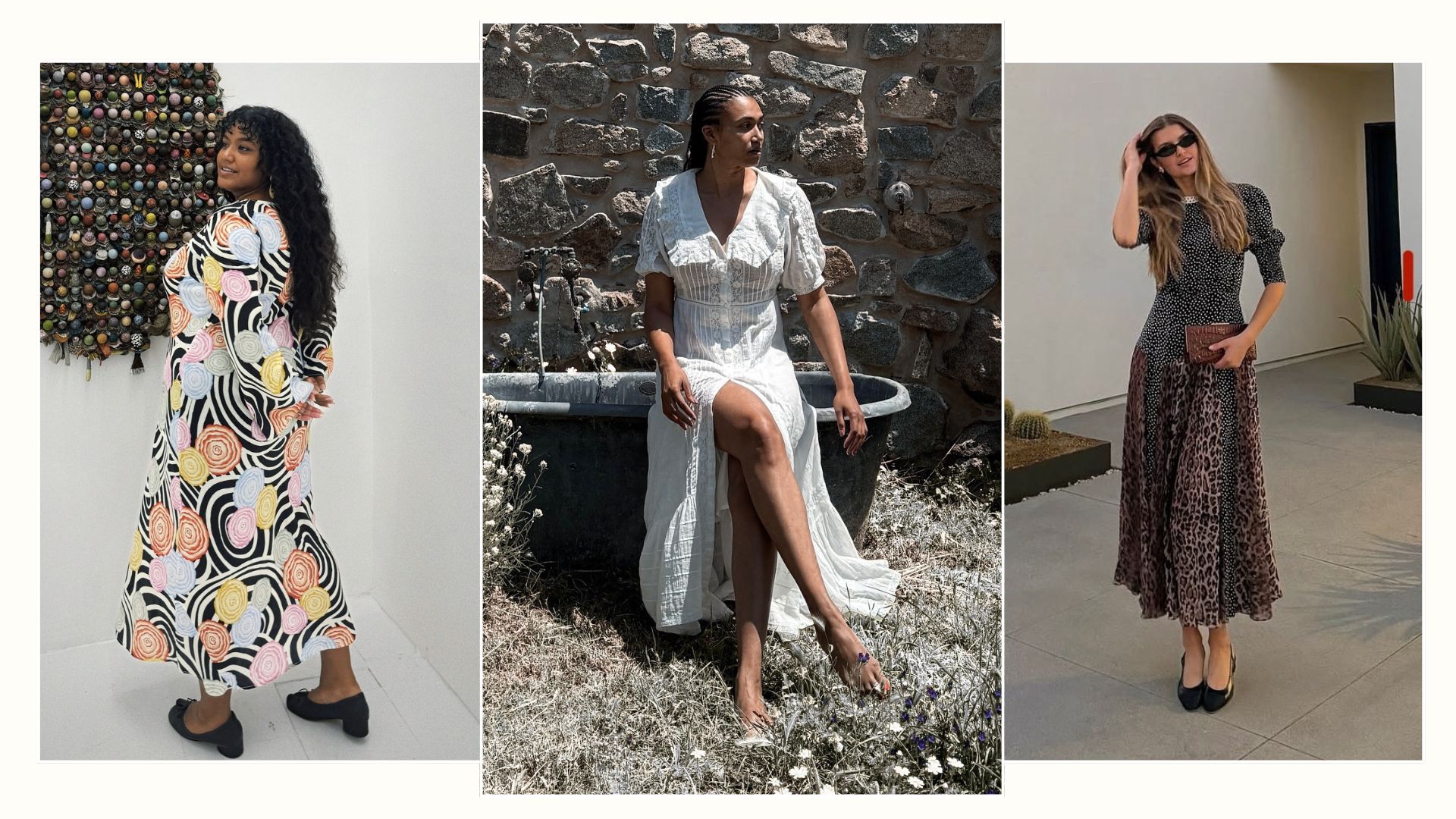 Three women wear printed dresses from Rixo 