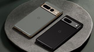 Google Pixel 7 Pro lifestyle shot on grey fabric backdrop