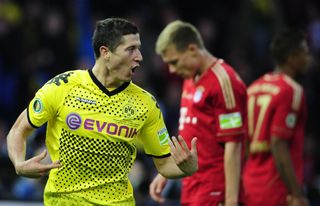 Robert Lewandowski celebrates after scoring for Borussia Dortmund against Bayern Munich in the DFB-Pokal final in May 2012.